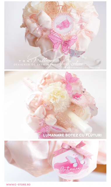 Lumanare de botez pentru fetite cu fluturi si dantele roz, 65x4cm,  Pink Butterfly  5